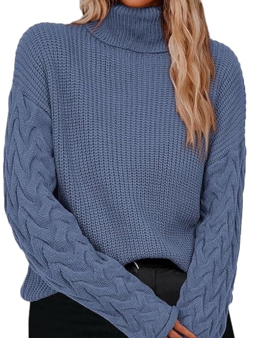 Blue Cable-Sleeve Turtleneck Sweater
